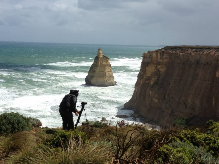 Filming in high wind, 12 Apostles, Great Ocean Road